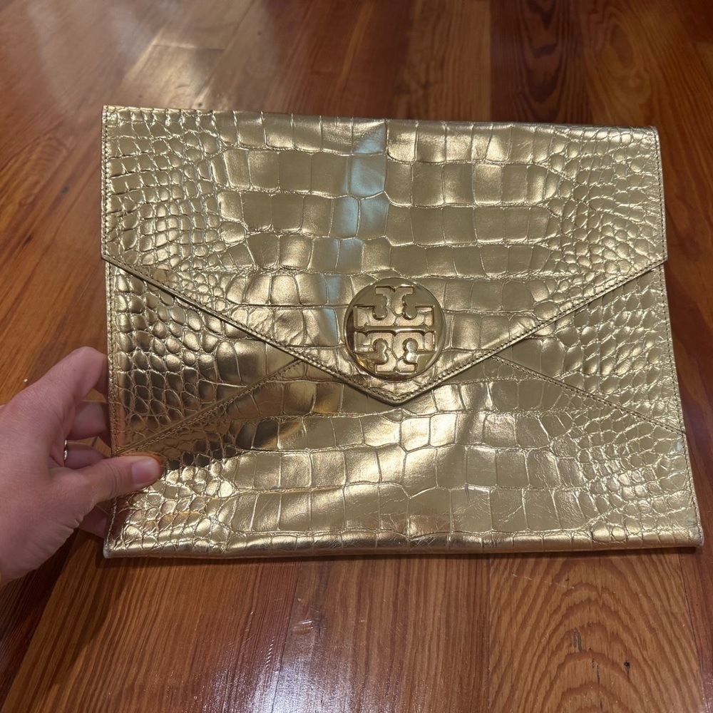 Oversized Tory Burch Metallic Gold Croc Clutch